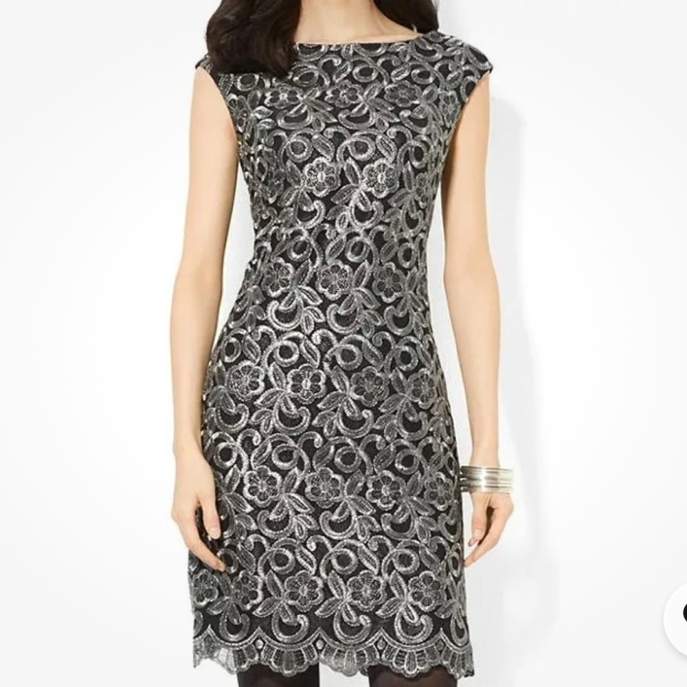 Flattering and feminine LAUREN Ralph Lauren Metallic Lace Dress Pewter-HOLIDAYS!
